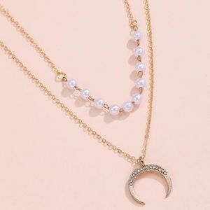 Gold Pearl layer crescent pendant necklace